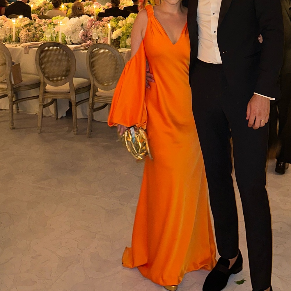 Halston orange medium long dress gown large sleeves